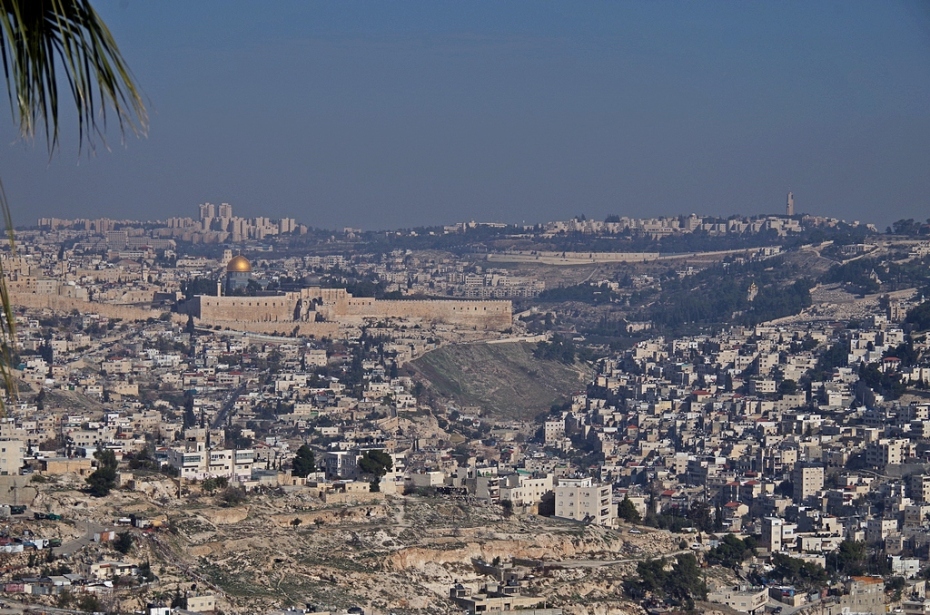 Jerusalem with the Temple Mount and the Mount of Olives on the right.